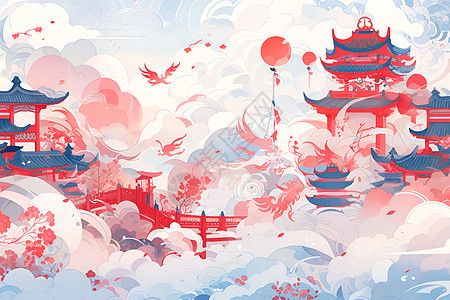 瑞云绘梦的中国风古建筑插图图片
