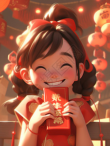 温馨红包的可爱少女插图图片