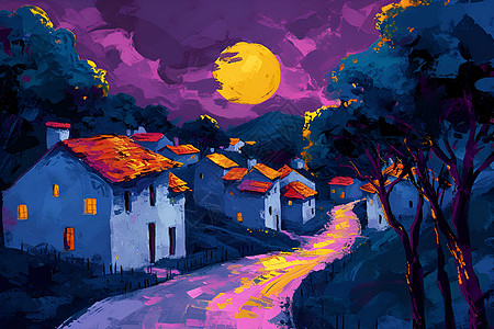 满月下的彩色村庄背景图片