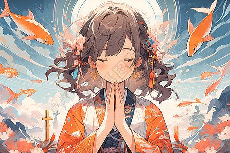 大海中祈祷的少女图片