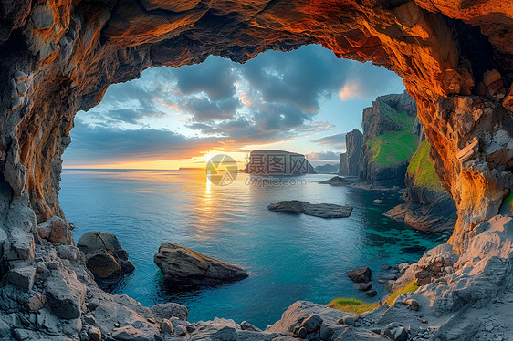 崖洞的海洋和日落中的小船图片