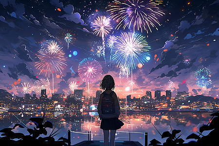 夜空的烟花和少女图片