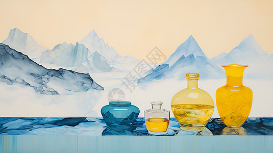 雪山背景和玻璃花瓶图片