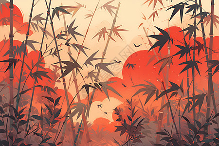 竹林夕阳红叶飞鸟背景图片