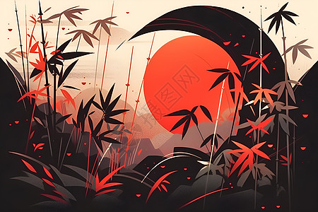 夕阳艳霞下的竹林背景图片