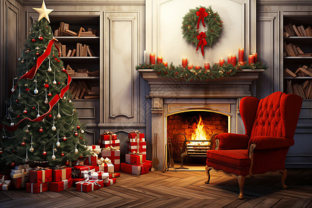 圣诞节壁炉温馨的家庭圣诞夜背景