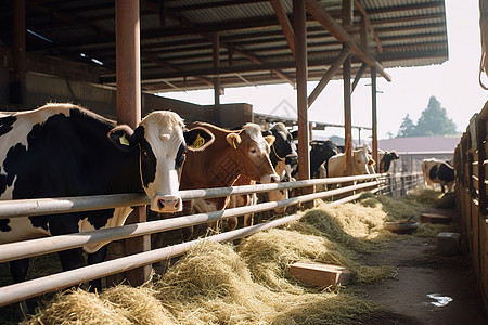 牛在农舍吃干草图片