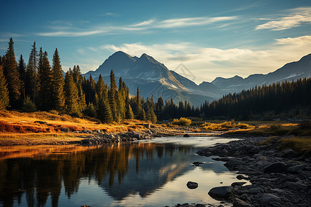 森林湖泊倒影山水如画背景