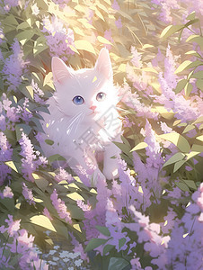 紫色花丛中白猫图片