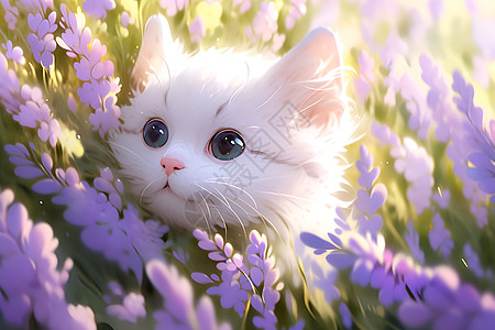 花海的小白猫背景图片