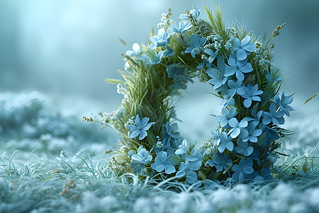 草地上蓝色花环背景图片