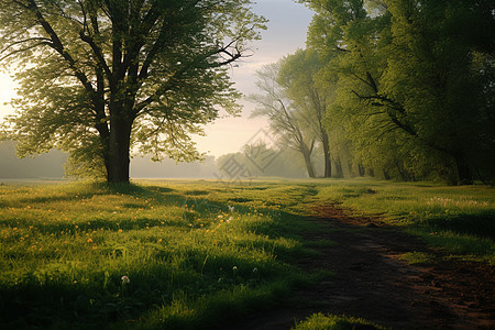 清晨雾气下的乡间郊野图片