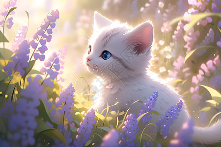 小猫咪与紫色花海图片