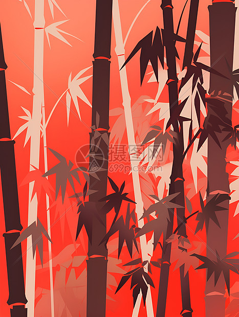 红色背景竹林图片