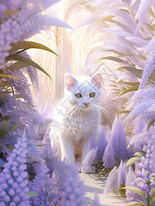 紫色花海中的白猫图片