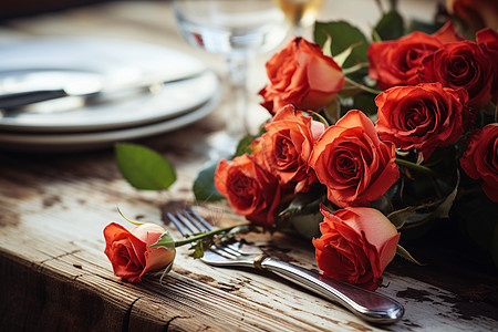 桌上的玫瑰餐桌摆盘高清图片