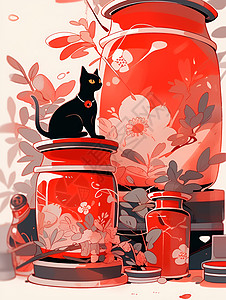 花瓶上的黑猫图片