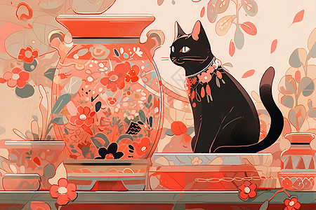 黑猫与花瓶的插画图片