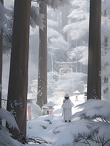 白衣少女探索雪地森林图片