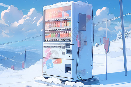 冰天雪地中的彩色自动贩卖机图片