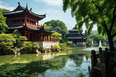 中式建筑和池塘图片