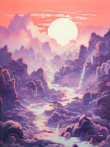 绘画的紫色山水艺术画图片