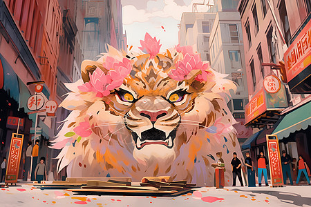 城市街道中的舞狮插画图片