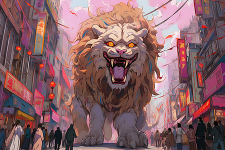 热闹街道中的狮子图片