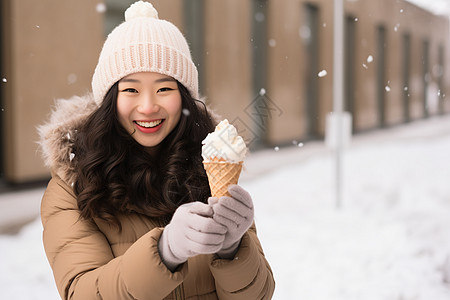 冬季女子手持冰淇淋背景图片