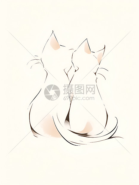 两只可爱猫咪的单线画图片