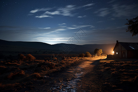 夜晚的丘陵小屋图片