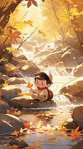 秋季溪边的男孩图片