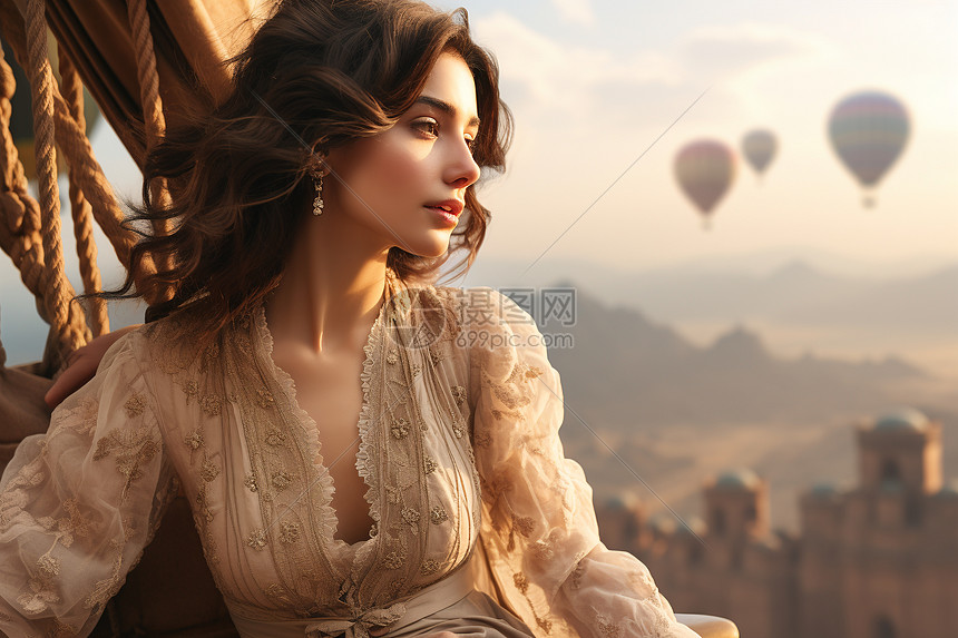 女子坐在热气球中图片