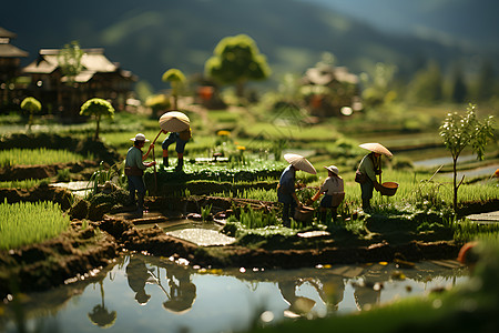 小人在水田里劳作背景图片