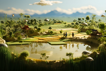 稻田背景微型摄影作品设计图片