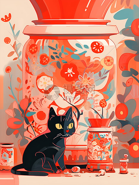 彩绘花瓶旁边的猫图片