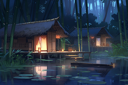 夜晚的一座竹制小屋图片