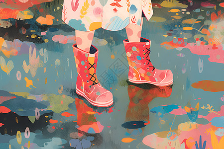 陨坑下雨中踩水的雨靴插画