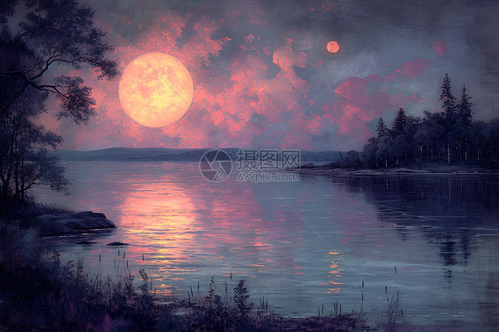 湖边的月夜秘境图片