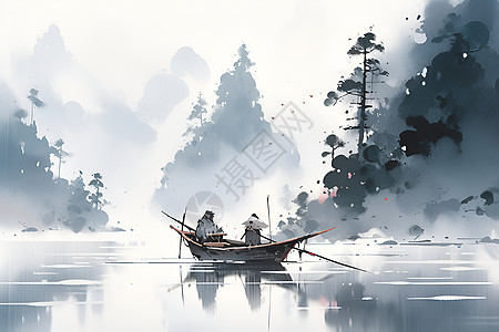 朦胧湖畔船行雾中图片