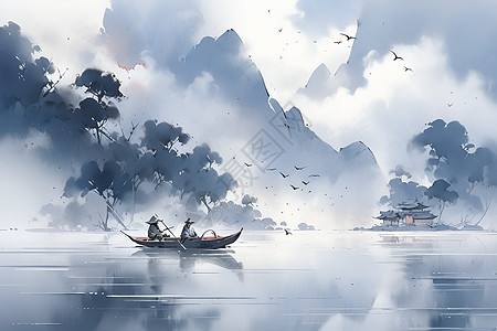 木船漂浮在朦胧的湖面上高清图片