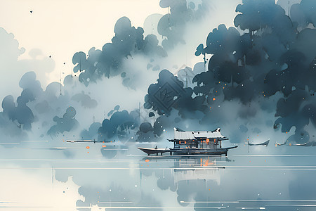 湖上轻舟云雾缭绕图片