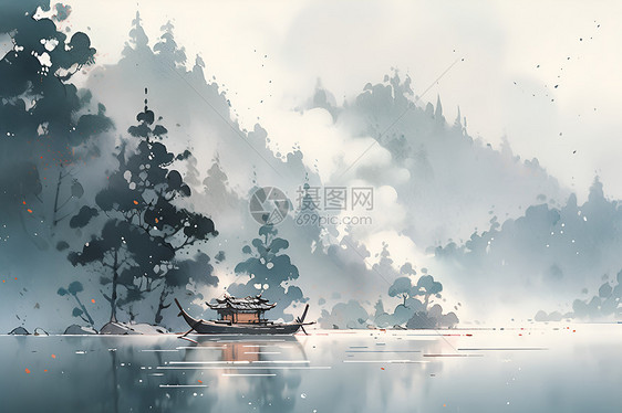 湖泊中的孤舟图片