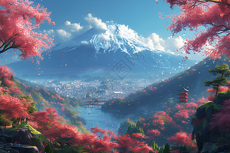 樱花富士山日本东京美景插画