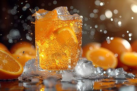 冰镇橙汁与冰块背景图片