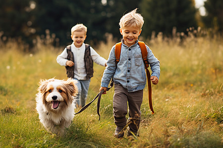 草地游戏两个男孩牵着狗背景