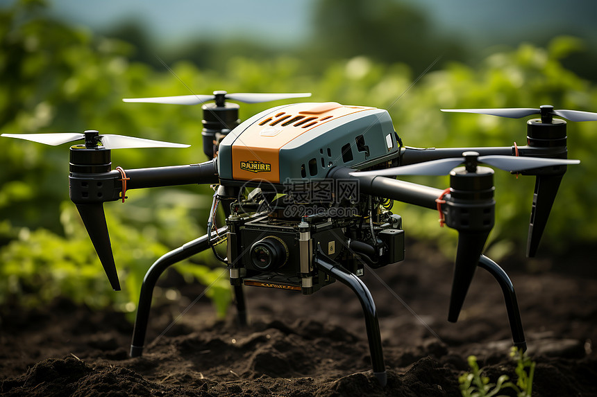 飞遍绿色田野的无人机图片