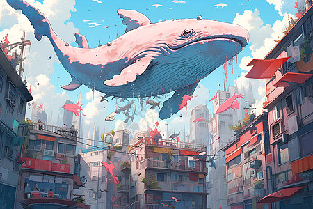 电影建筑素材城市中的鲸鱼插画