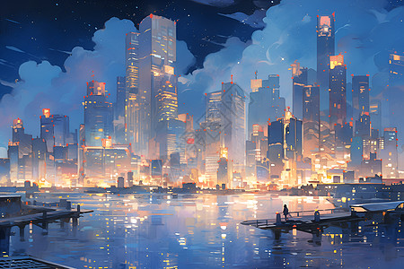 城市灯光夜景未来都市中的光影插画