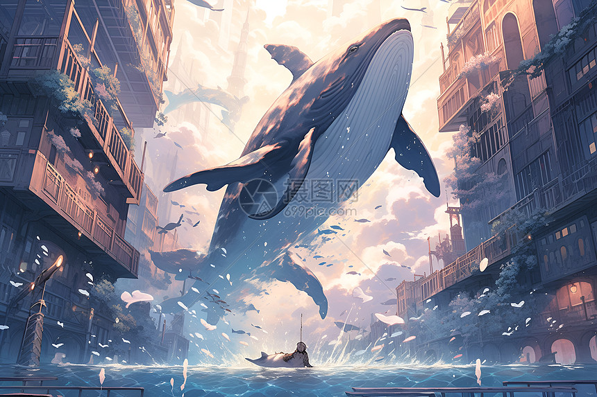 鲸鱼在城市上空的奇幻景象图片